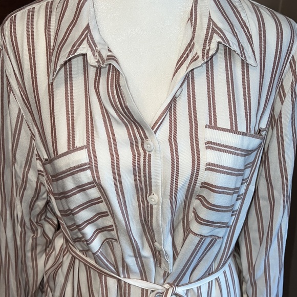 Isabel Striped belted Maternity Tunic button down collar pockets XL brown white - Picture 2 of 5